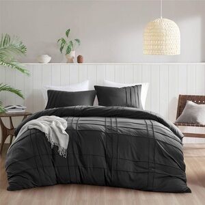 NEW Design  Black Washed Pleated Duvet Full/Queen soft Bedding Set